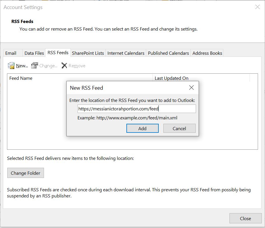 Outlook RSS Dialog Box